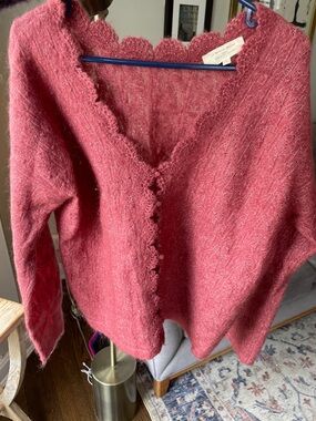 Sezane Rose-Pink Scalloped Mohair-Blend Cardigan